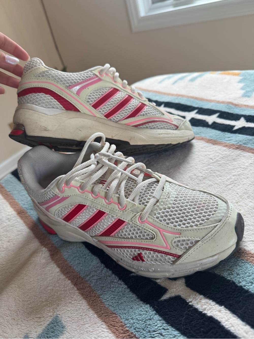 Adidas Women's White Mesh Running Shoes with Pink Stripes